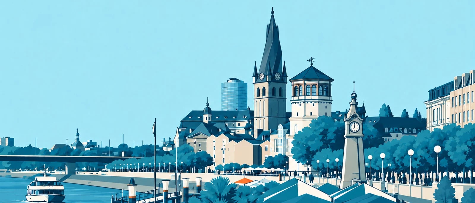 Illustration (KI-generiert): Rheinufer mit Schlossturm und St. Lambertus · nach Fotoreferenz stilisiert