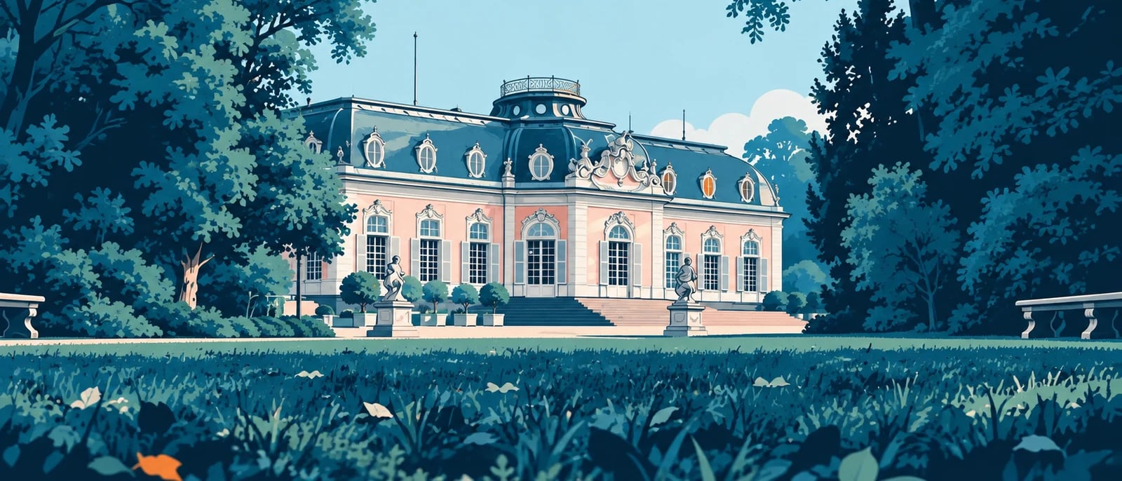 Illustration (KI-generiert): Schloss Benrath, südliche Gartenfassade · nach Fotoreferenz stilisiert