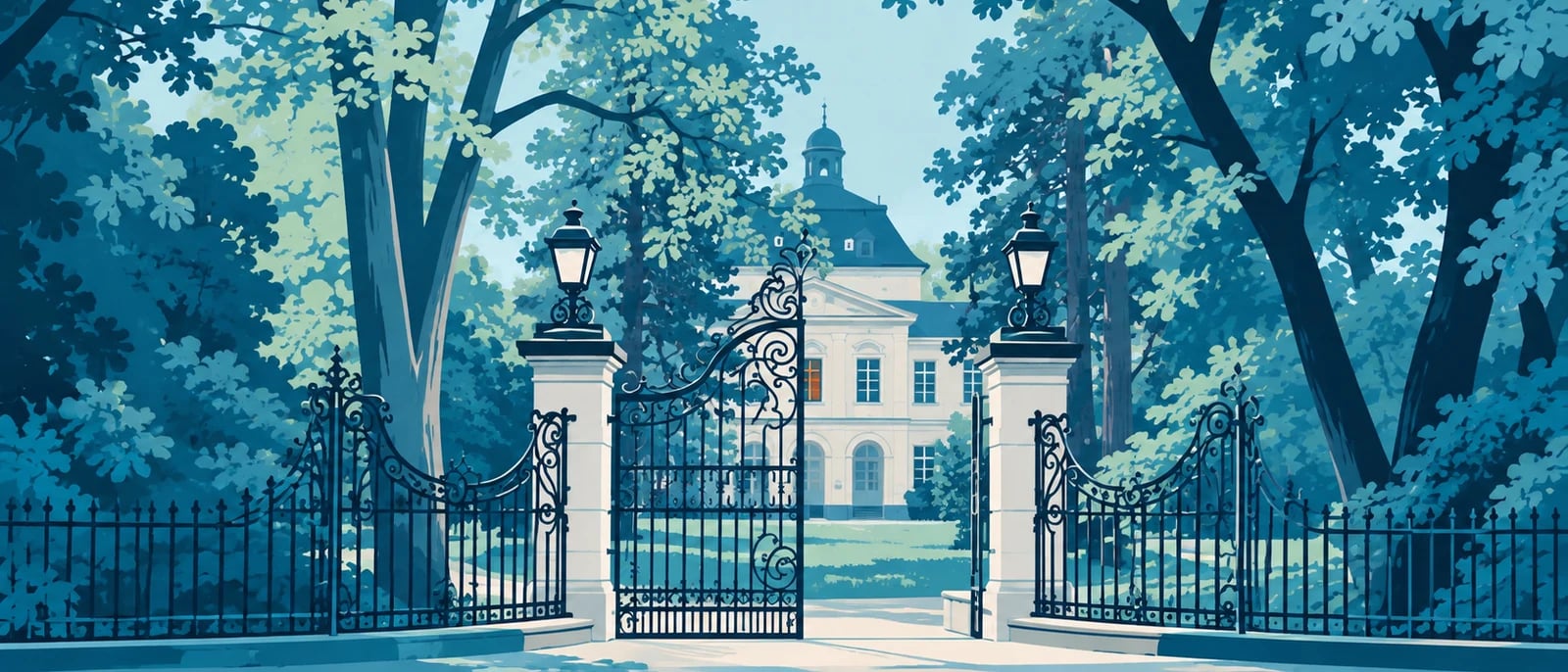 Illustration (KI-generiert): Schloss Eller hinter dem historischen Eingangstor · nach Fotoreferenz stilisiert