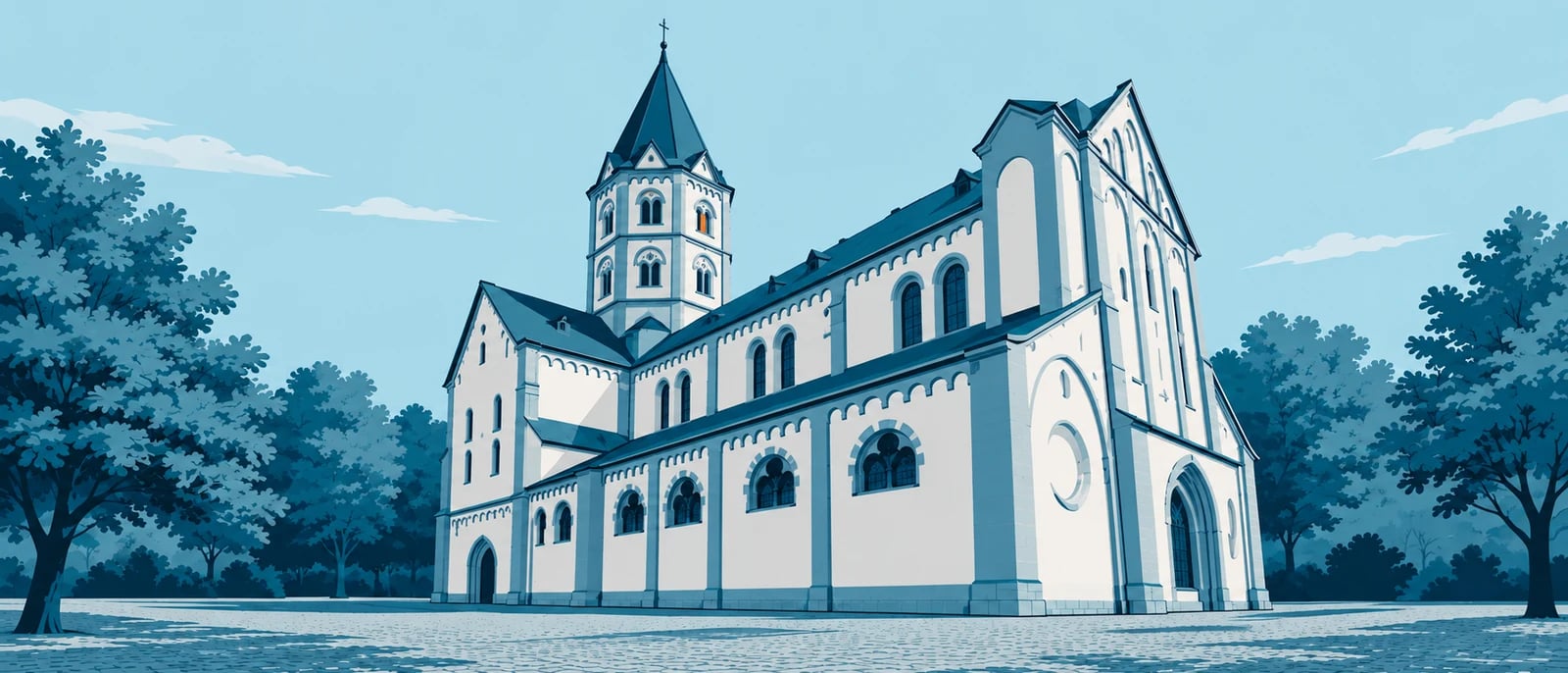 Illustration (KI-generiert): Basilika St. Margareta, seitliche Fassadenansicht · nach Fotoreferenz stilisiert