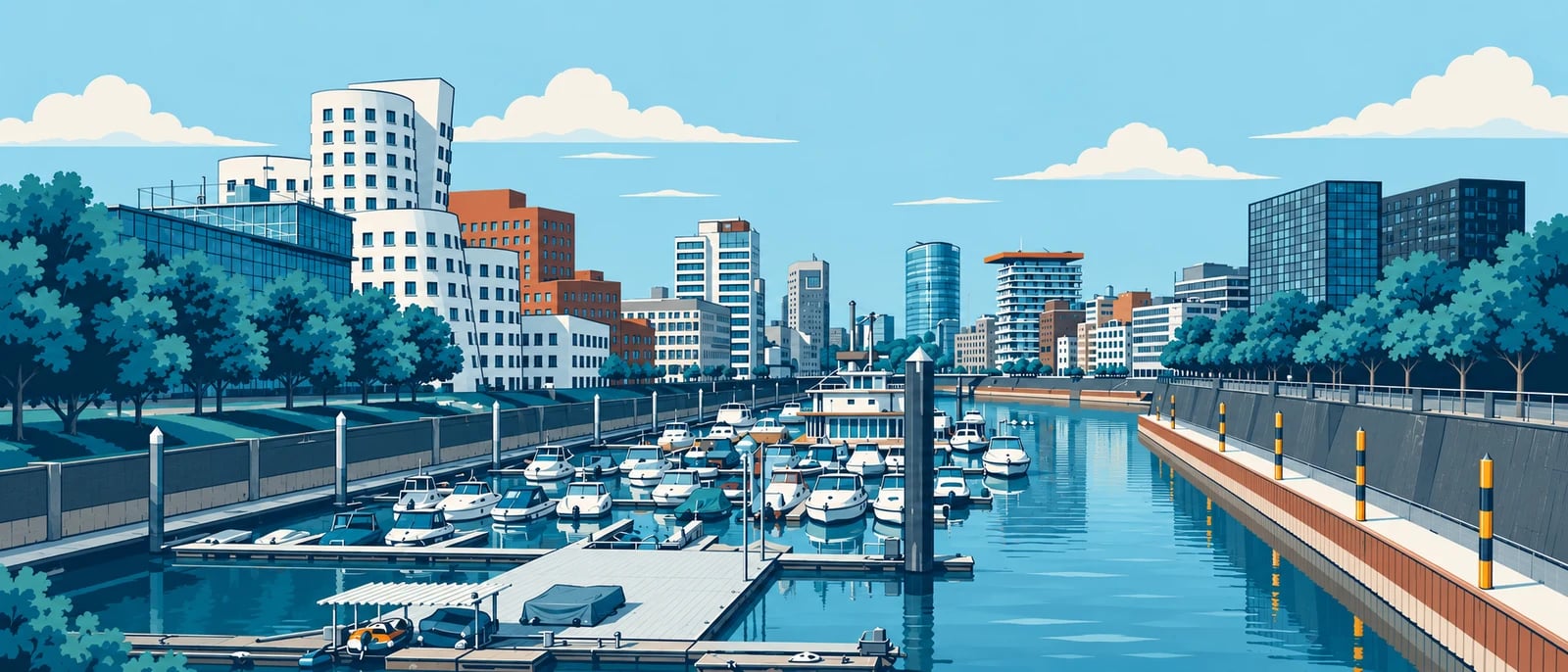 Illustration (KI-generiert): Marina im Medienhafen mit den weißen Gehry-Bauten links · nach Fotoreferenz stilisiert