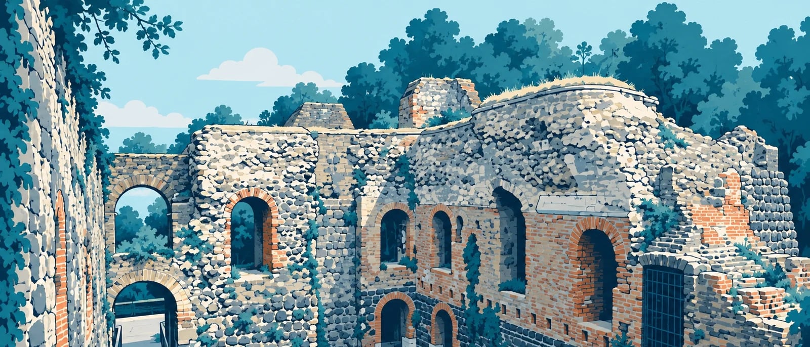 Illustration (KI-generiert): Innenbereich der Kaiserpfalz-Ruine · nach Fotoreferenz stilisiert