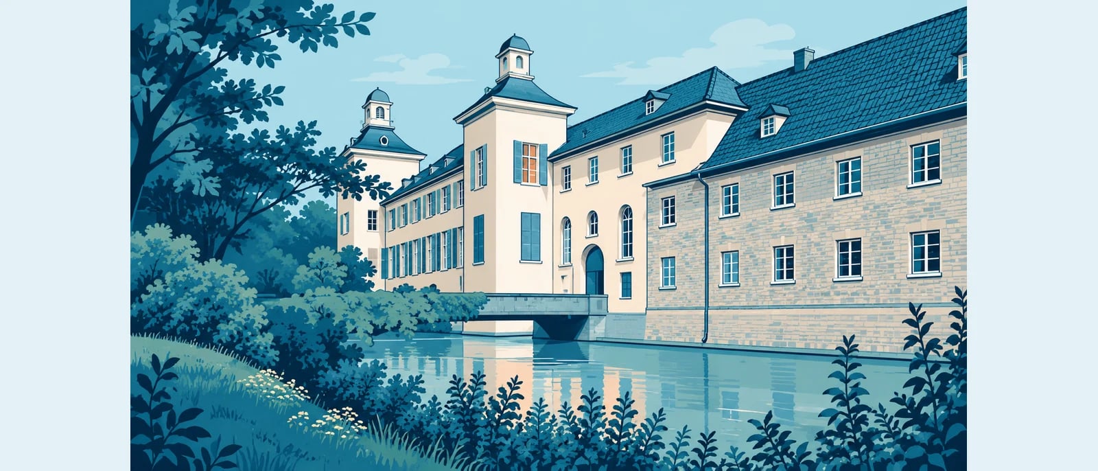 Illustration (KI-generiert): Schloss Kalkum am Wassergraben · nach Fotoreferenz stilisiert