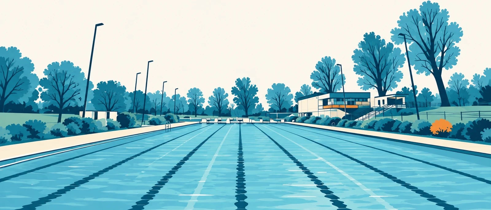 Illustration (KI-generiert): Schwimmbecken im Strandbad Lörick · nach Fotoreferenz stilisiert