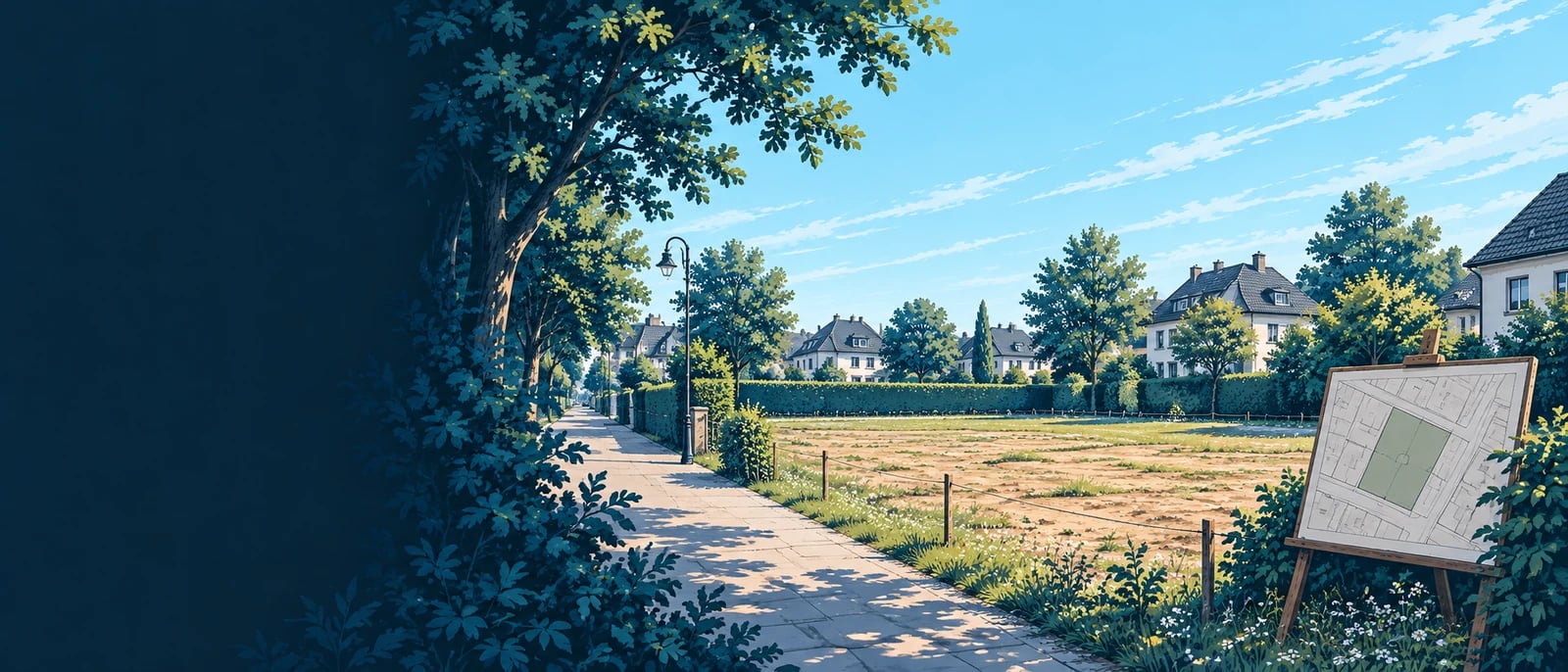 Illustration (KI-generiert): Unbebautes Grundstück mit Lageplan; symbolische Illustration