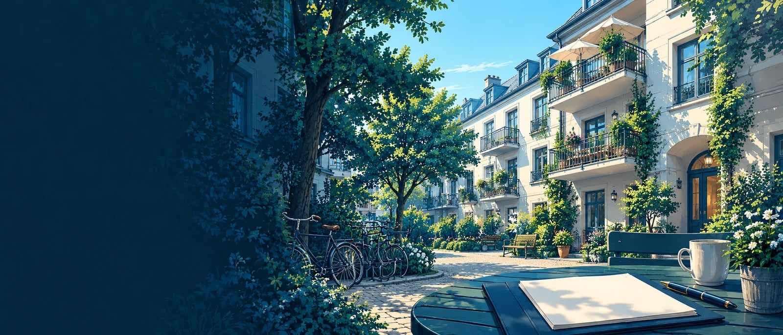 Illustration (KI-generiert): Bewohntes Mehrfamilienhaus mit Unterlagen; symbolische Illustration