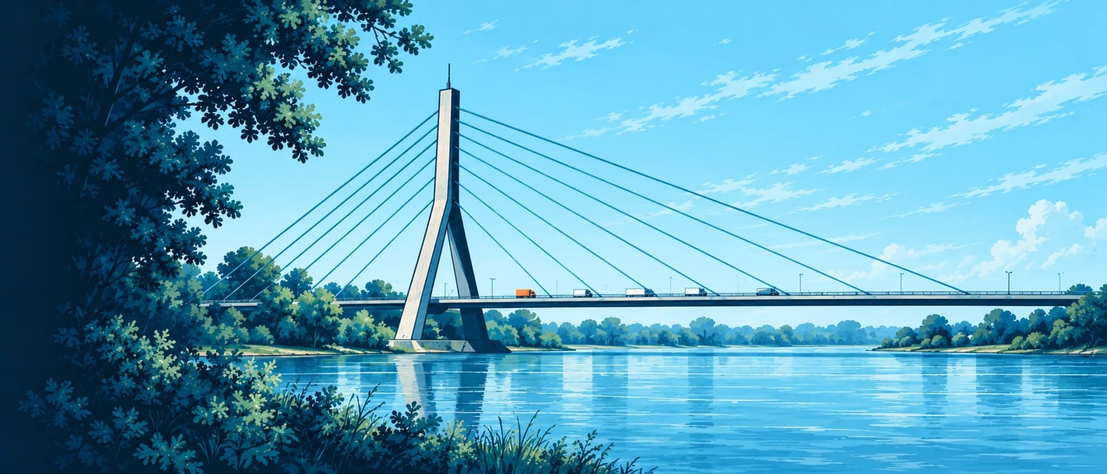 Illustration (KI-generiert): Die Fleher Brücke als stilisierte Architekturillustration