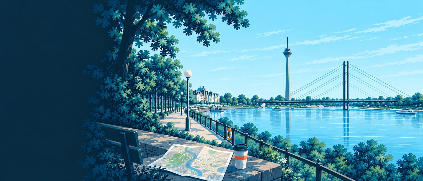 Illustration (KI-generiert): Stilisierte Rheinuferansicht mit Rheinturm und Rheinkniebrücke; symbolische Stadtteilkarte