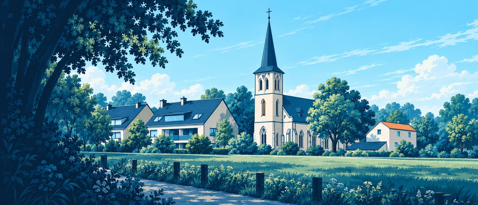 Illustration (KI-generiert): Stilisierte Ortsansicht von Volmerswerth