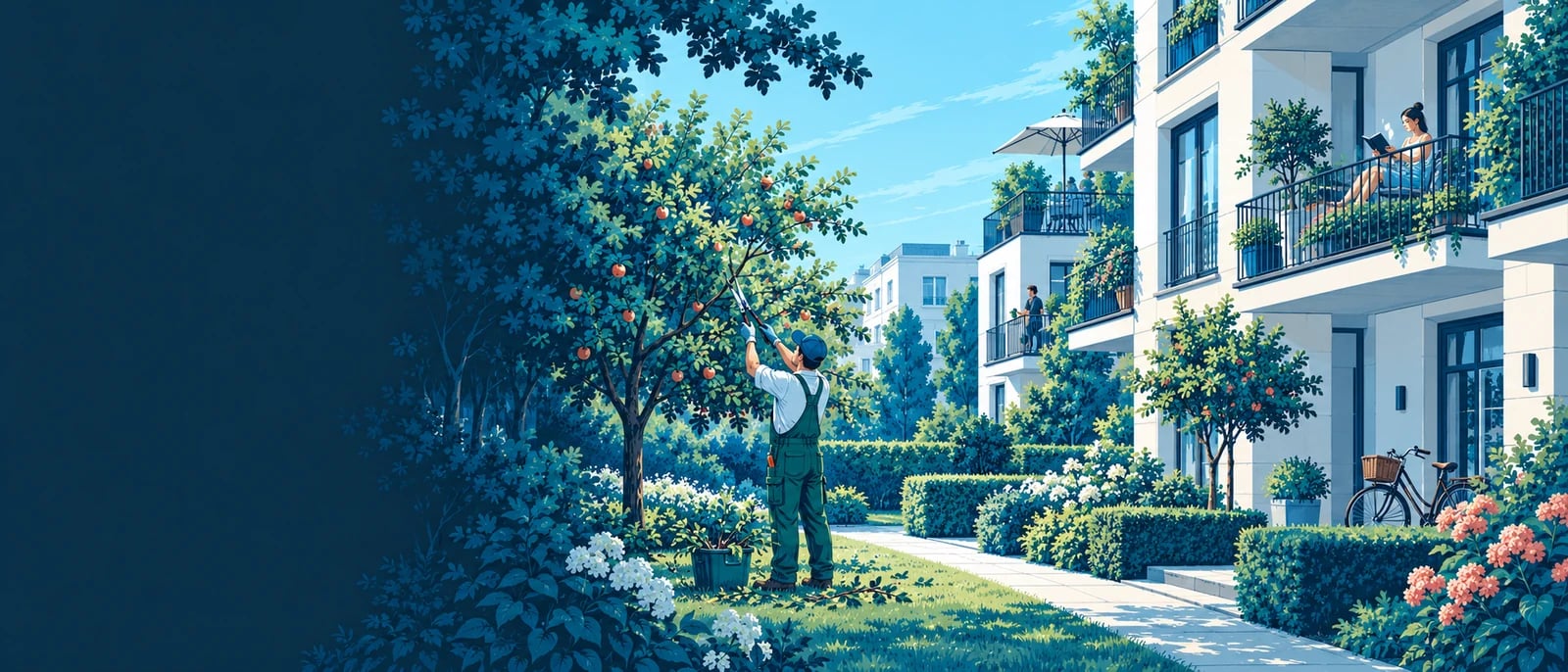 Illustration (KI-generiert): Nutzung und Pflege eines bewohnten Mehrfamilienhauses; symbolische Illustration