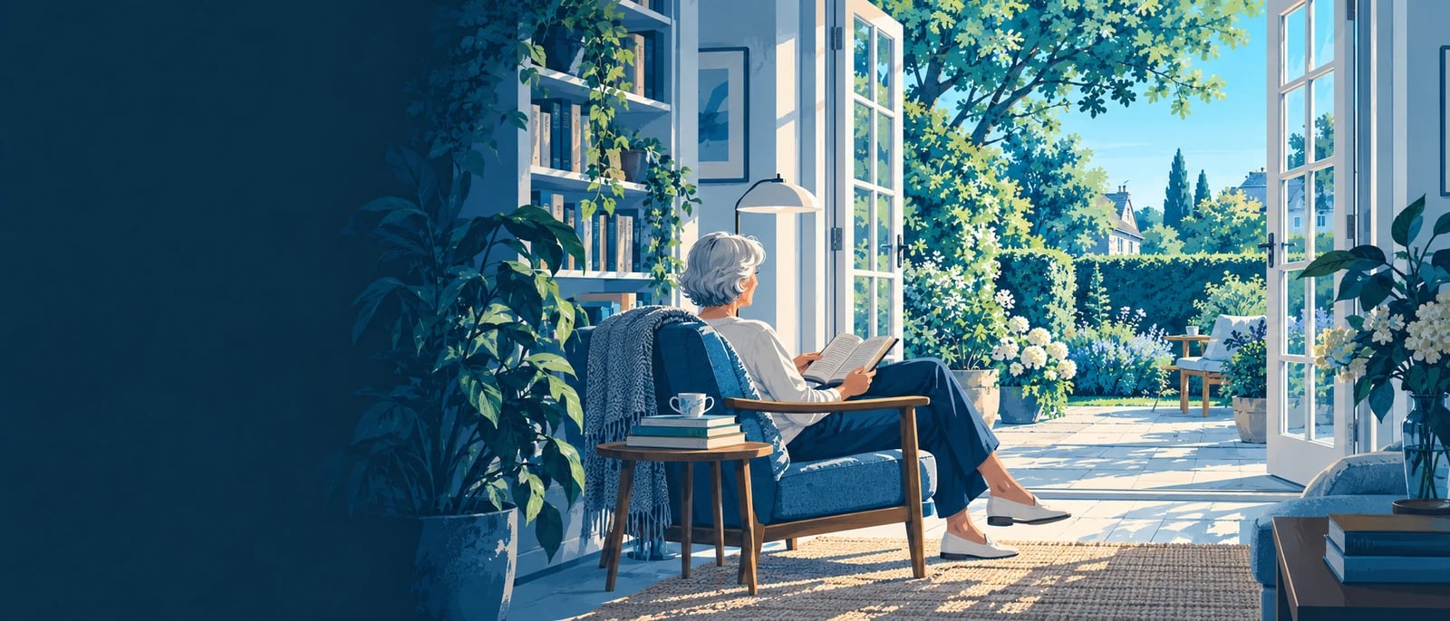 Illustration (KI-generiert): Bewohner im Lesebereich seines Wohnhauses; symbolische Illustration