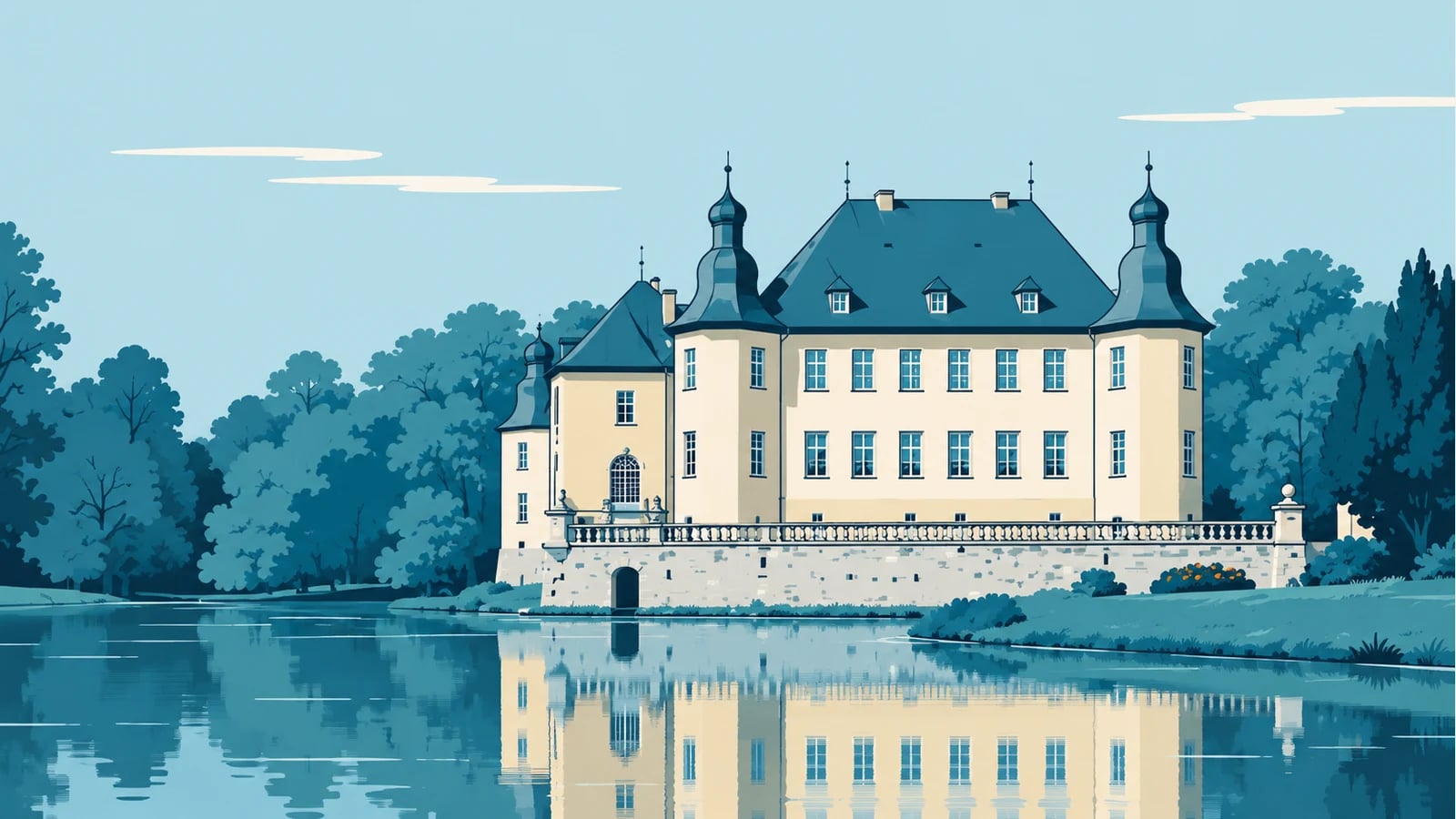 Illustration (KI-generiert): Schloss Dyck an der Wasserterrasse · nach Fotoreferenz stilisiert