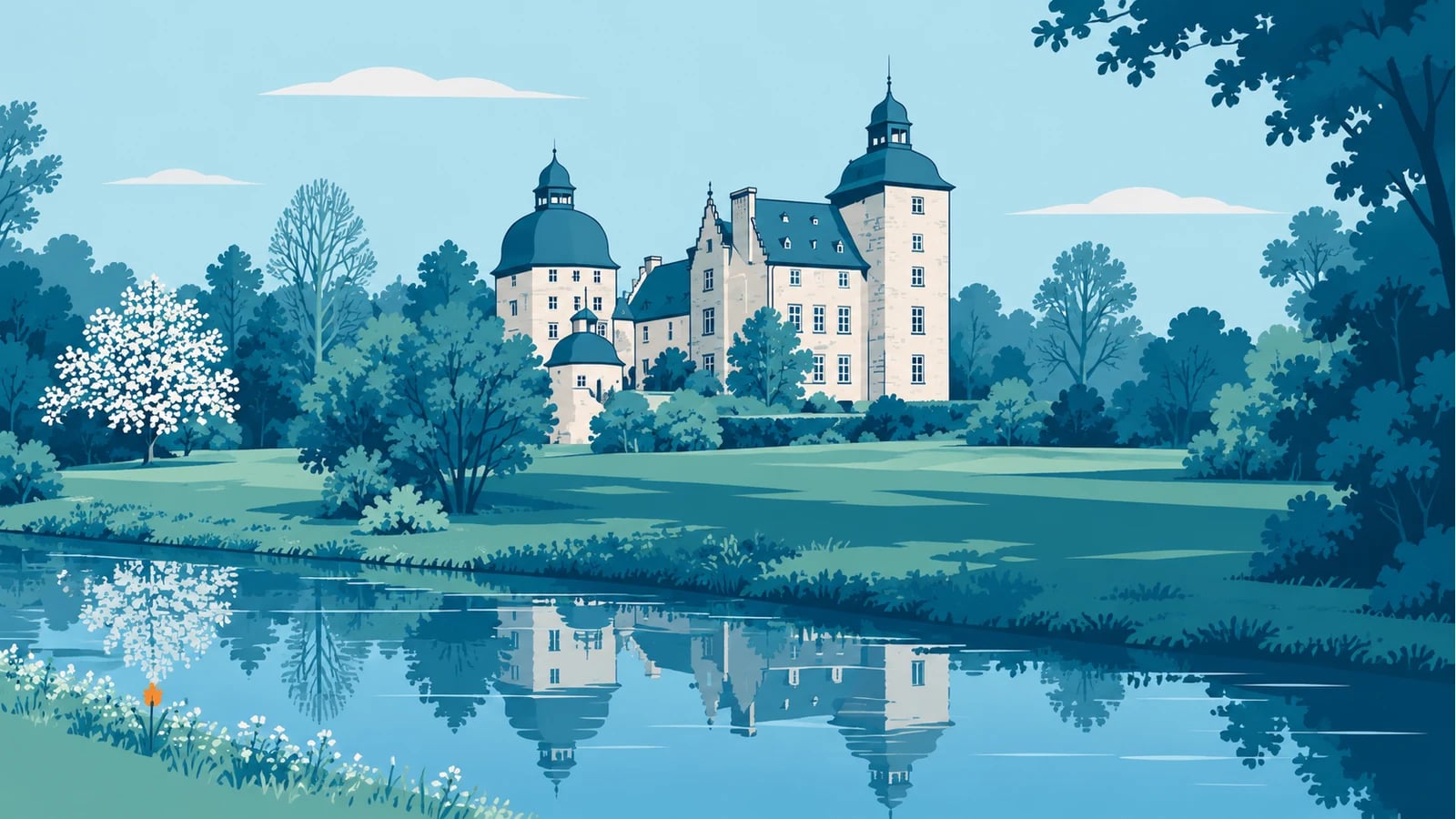 Illustration (KI-generiert): Schloss Myllendonk und Park · nach Fotoreferenz stilisiert