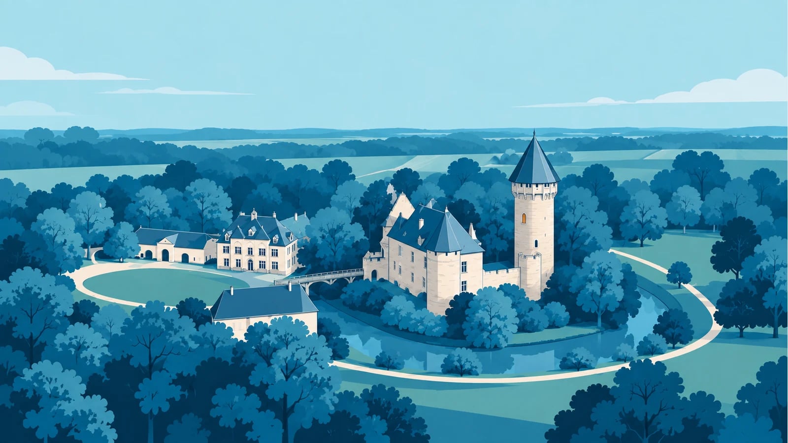 Illustration (KI-generiert): Burg Linn mit rundem Bergfried und schmalem Burggraben · nach Fotoreferenz stilisiert