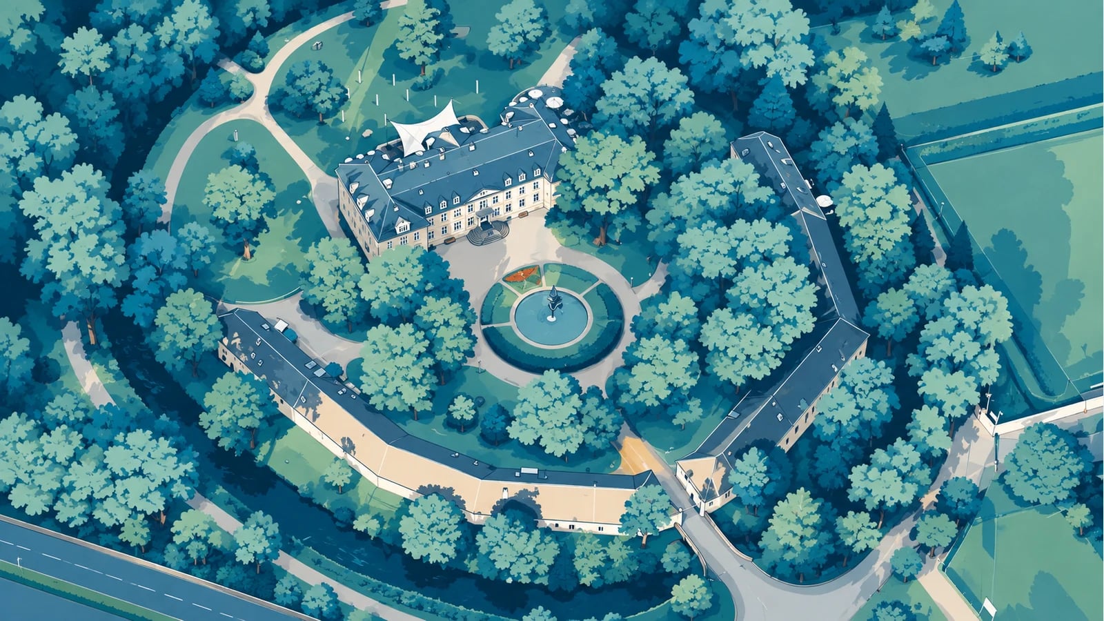 Illustration (KI-generiert): Schloss Morsbroich, stilisierte Ansicht von oben · nach Fotoreferenz stilisiert