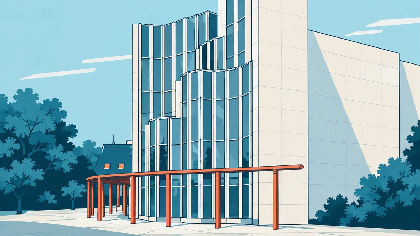 Illustration (KI-generiert): Museum Abteiberg, Detail der Glasfassade · nach Fotoreferenz stilisiert