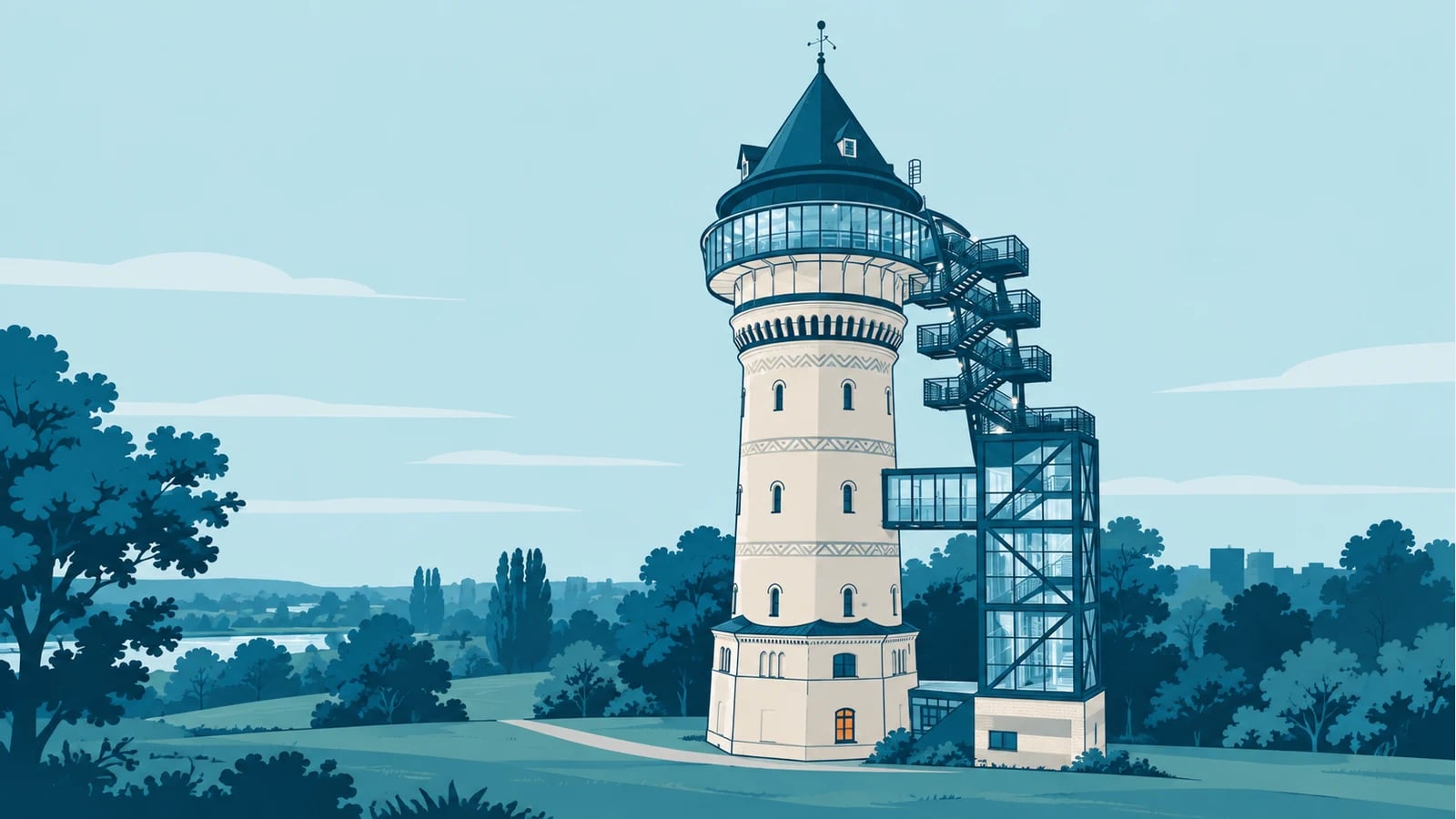 Illustration (KI-generiert): Aquarius-Wasserturm mit außenliegendem Treppenhaus · nach Fotoreferenz stilisiert