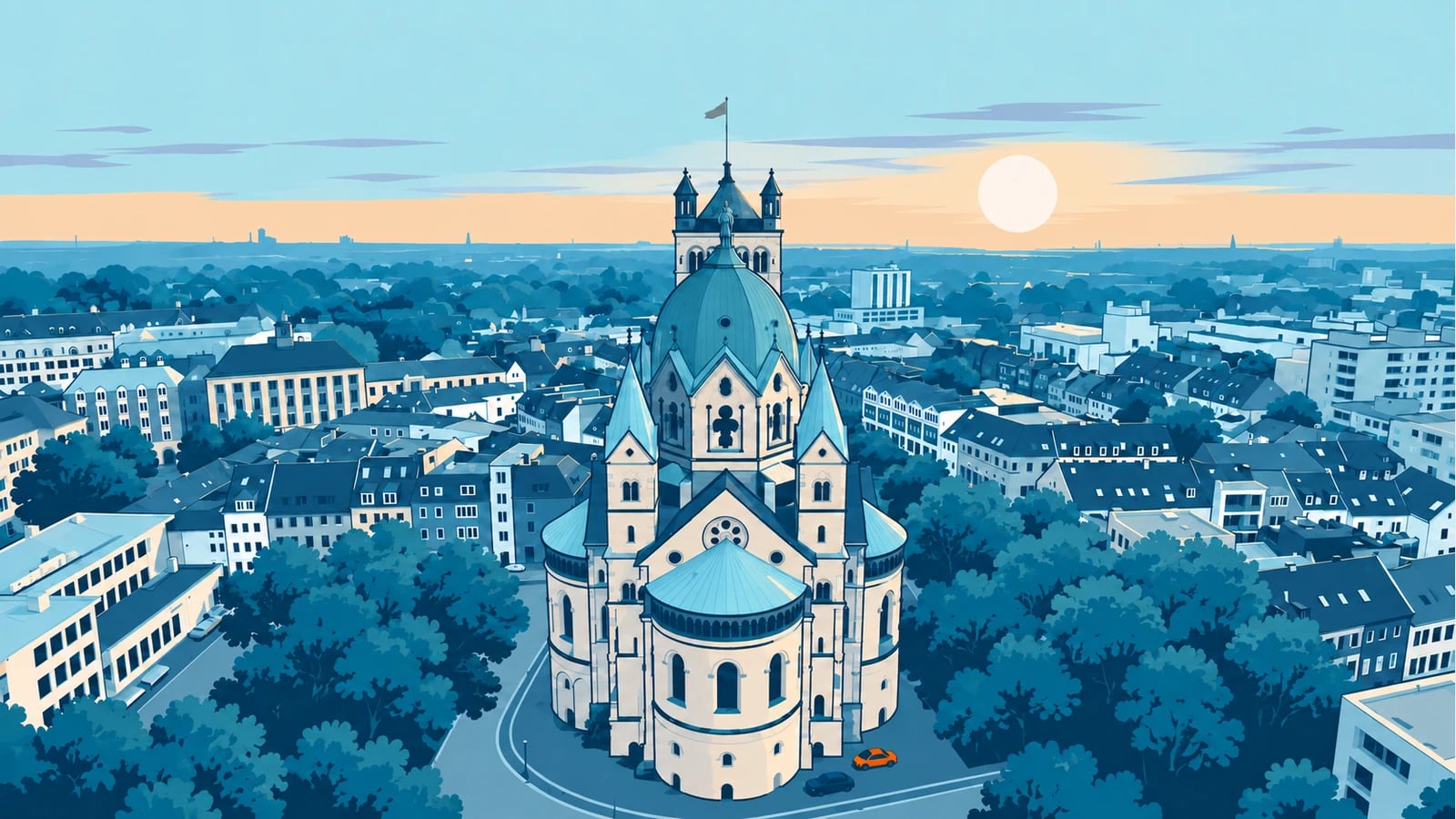 Illustration (KI-generiert): Quirinus-Münster mit Kuppel und Westturm · nach Fotoreferenz stilisiert