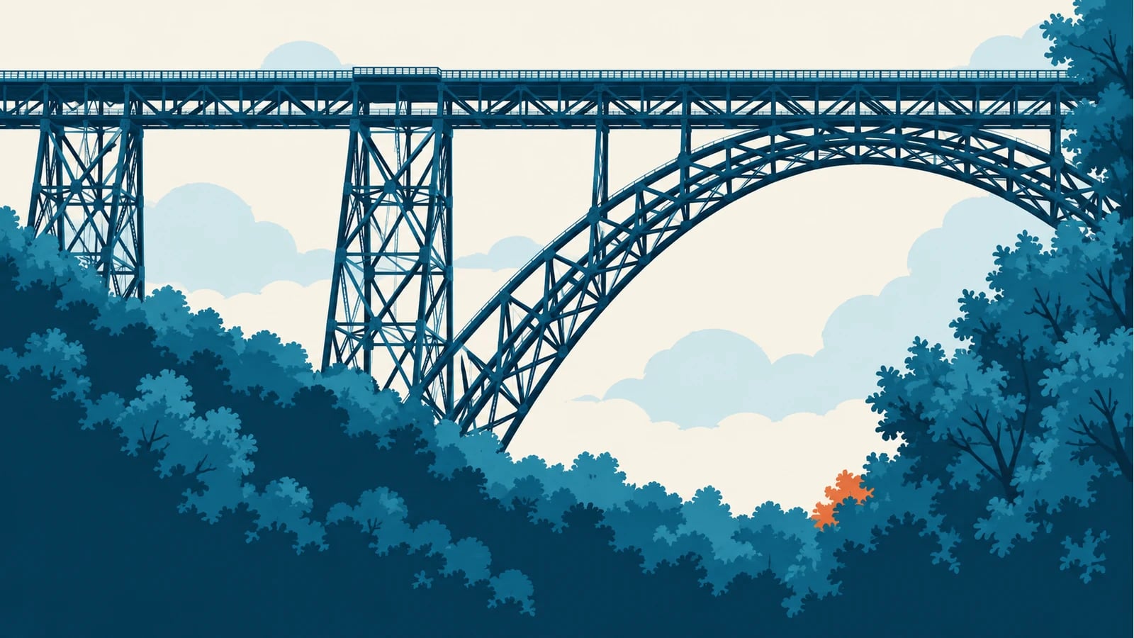 Illustration (KI-generiert): Müngstener Brücke, Ausschnitt des Stahltragwerks · nach Fotoreferenz stilisiert