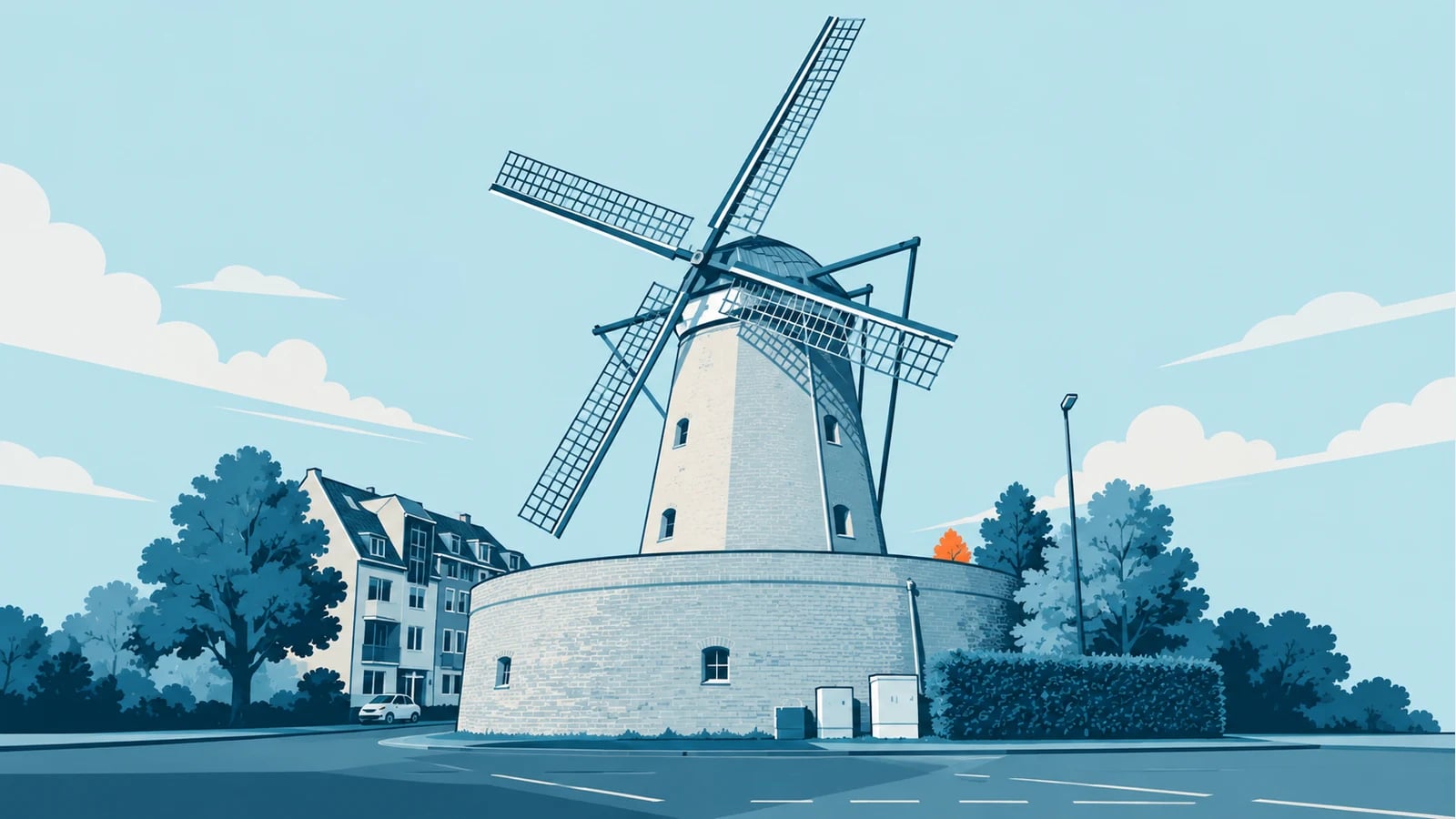 Illustration (KI-generiert): Streuff-Mühle am Straßenraum · nach Fotoreferenz stilisiert
