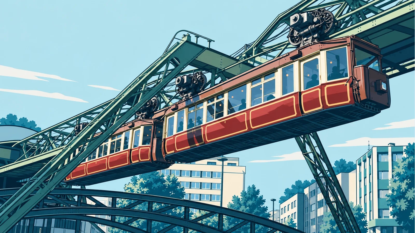 Illustration (KI-generiert): Historischer Kaiserwagen der Schwebebahn · nach Fotoreferenz stilisiert