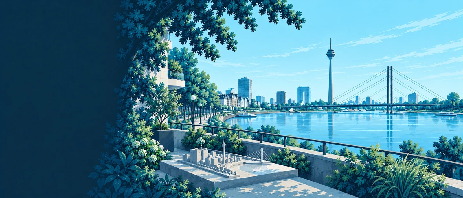 Illustration (KI-generiert): Stilisierte Rheinuferansicht mit Rheinturm und Rheinkniebrücke; symbolische Stadtübersicht