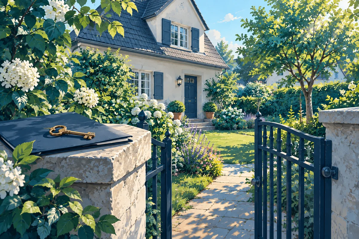Haus mit Garten, Schlüssel und Unterlagen; symbolische KI-Illustration zum Familienheim.