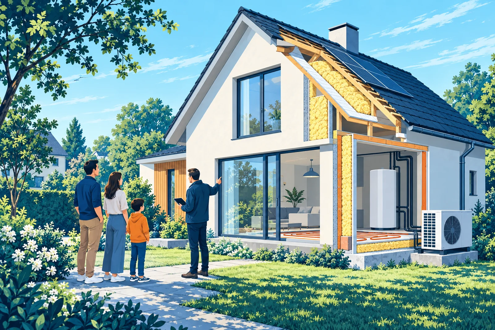 Symbolische Illustration (KI-generiert): Dach, Fenster und Heizung eines Wohnhauses