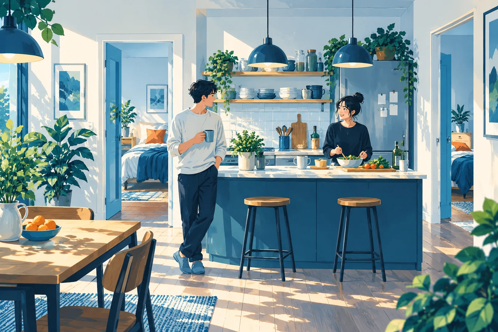 Symbolische Illustration (KI-generiert): Gemeinschaftsküche und getrennte Zimmer einer Wohngemeinschaft